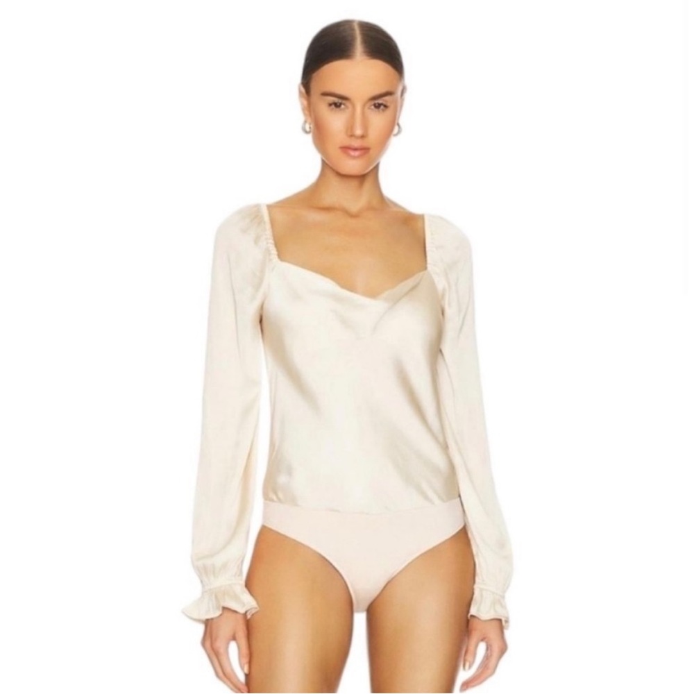 NWT PAIGE Andreya Satin Long Sleeve Ruffle Cowl Neck Bodysuit in Ecru Size XL
